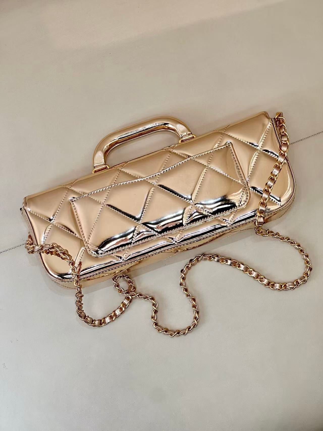 CC 25K Large Flap Bag with Top Handle Chain Strap Gold Metalic Patent Calfskin GHW