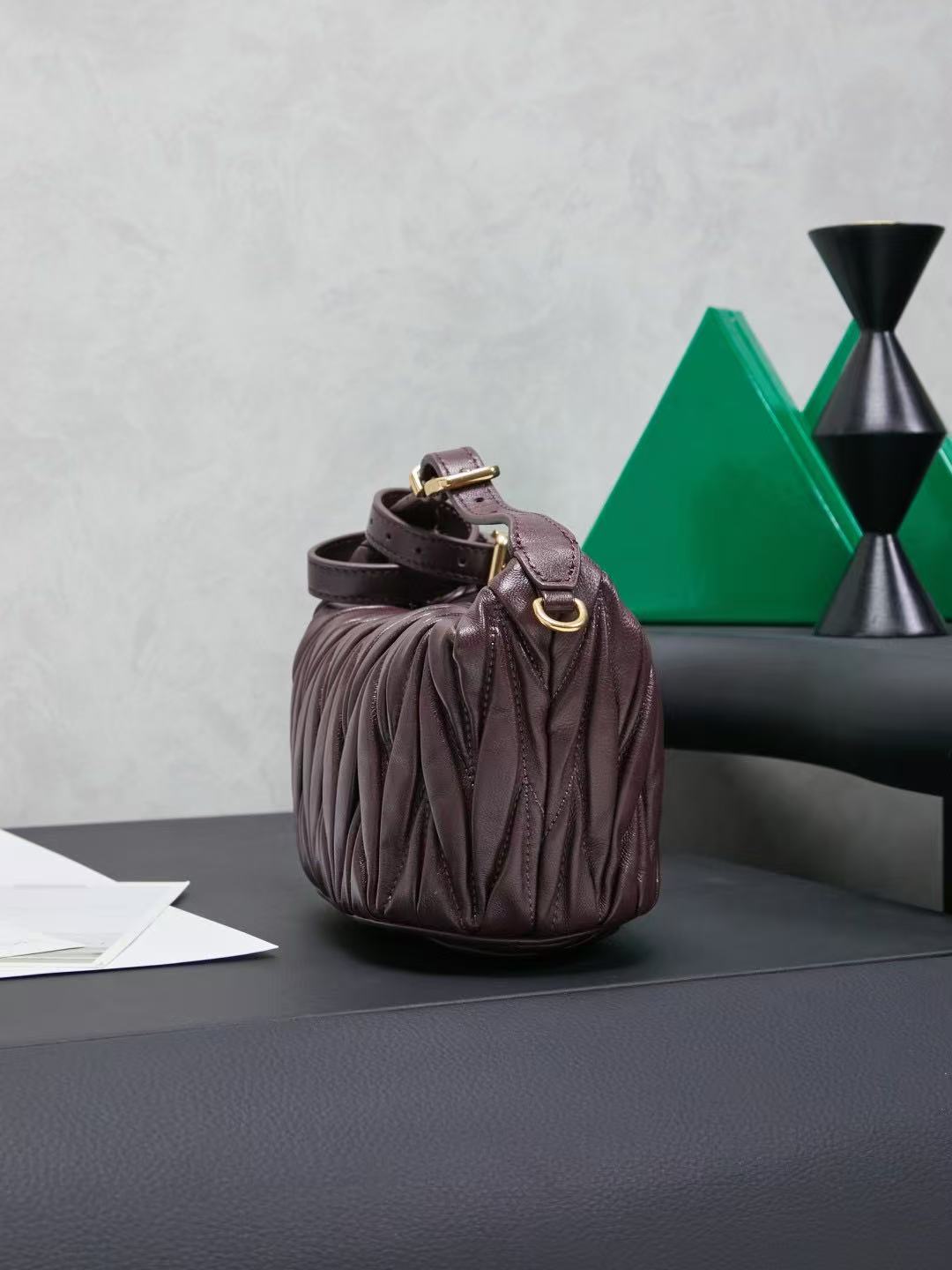 Miu Matelassé Pouch Bag 23cm Chocolate Leather