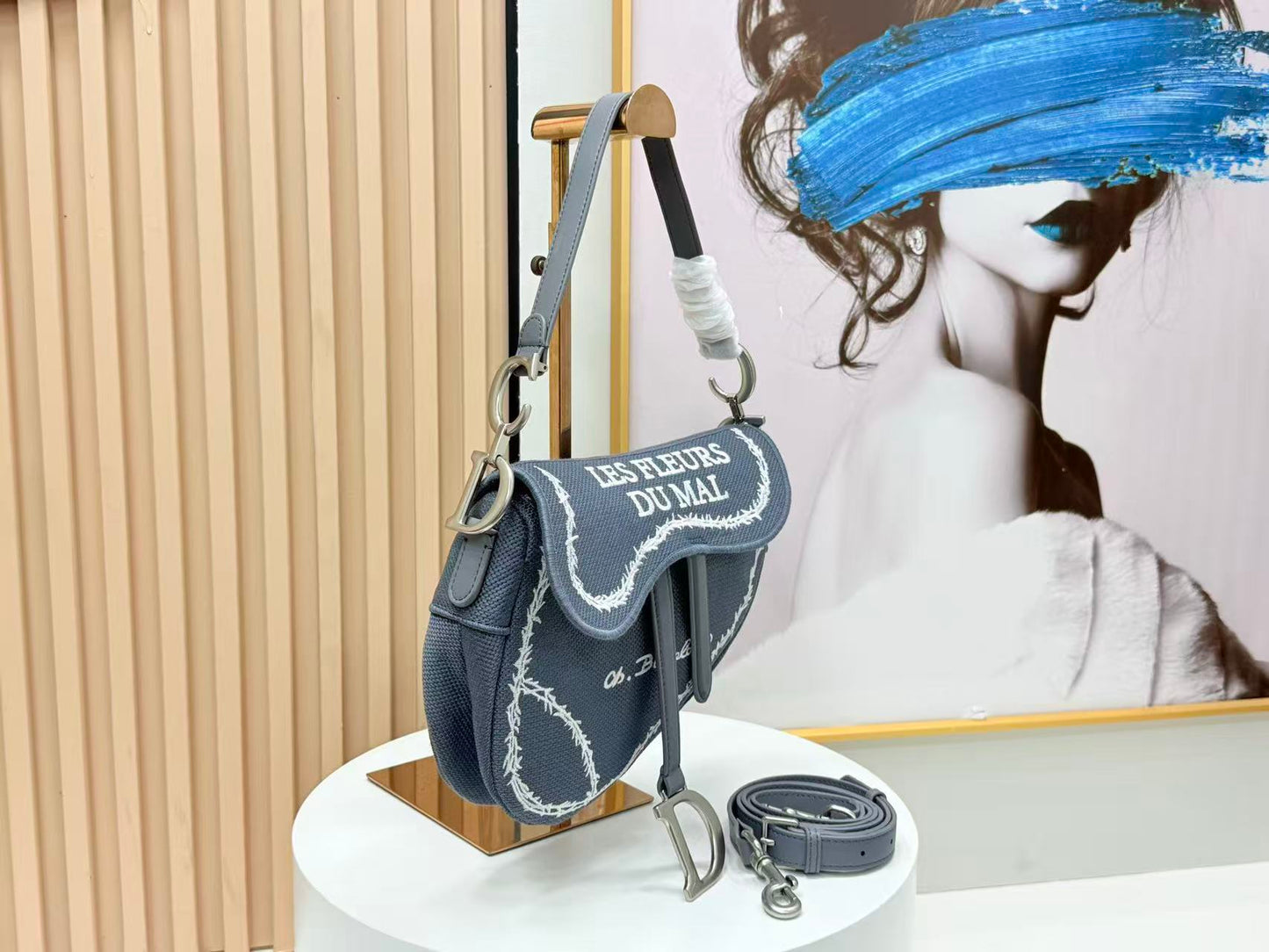 CD Saddle Bag Strap With Strap 24cm Blue Cotton