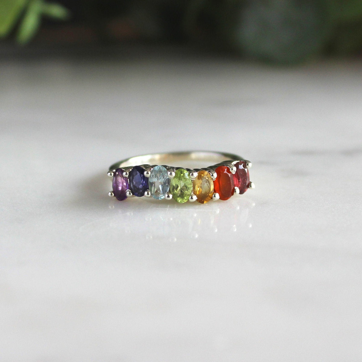 Seven Gemstone Chakra Ring, Sterling Silver Yoga Jewelry