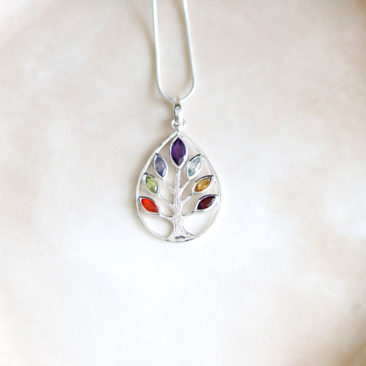 Sterling Silver Tree of Life Chakra Pendant, Seven Gemstone Necklace