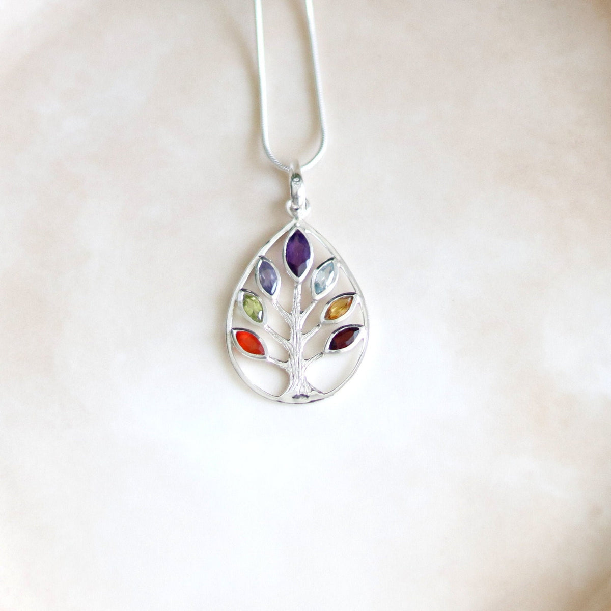 Sterling Silver Tree of Life Chakra Pendant, Seven Gemstone Necklace
