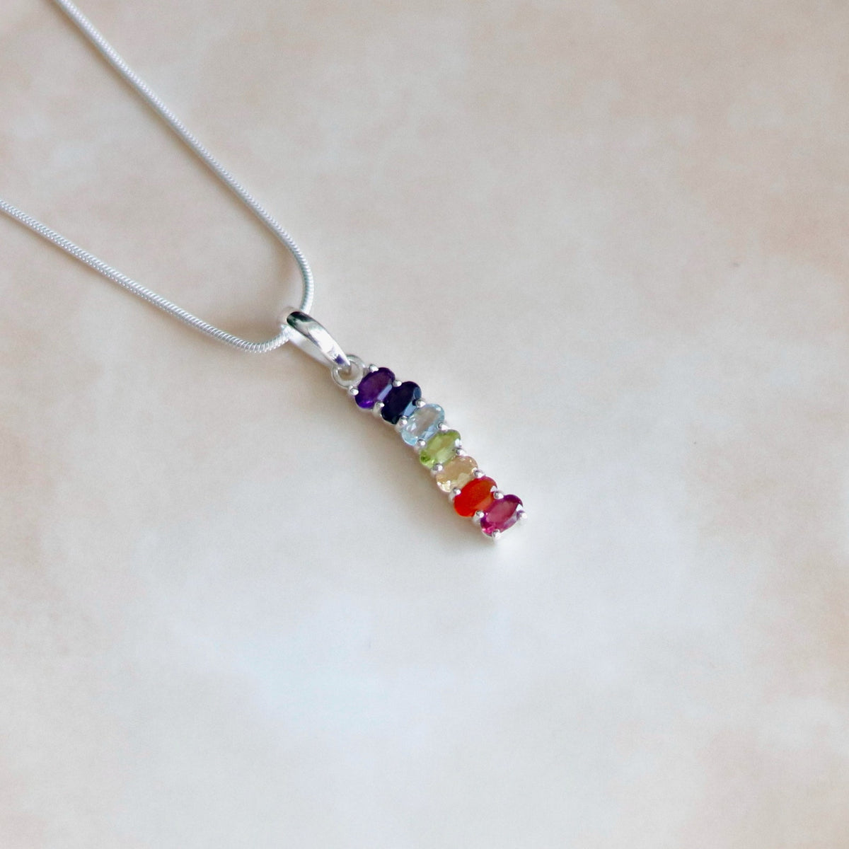 Sterling Silver Chakra Gemstone Pendant Necklace, Minimalist Yoga Jewelry