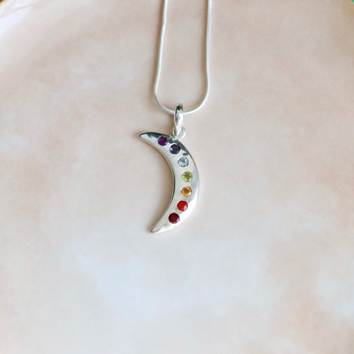 Sterling Silver Moon Chakra Pendant Necklace, Seven Gemstones