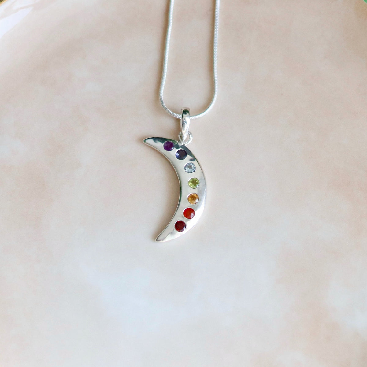 Sterling Silver Moon Chakra Pendant Necklace, Seven Gemstones