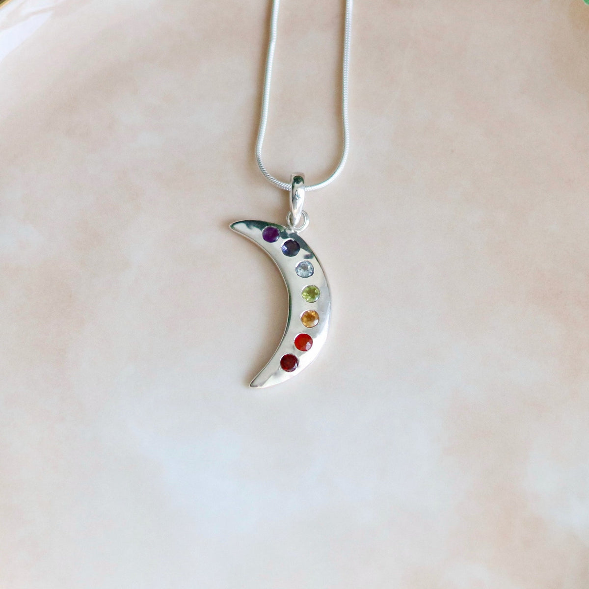 Sterling Silver Moon Chakra Pendant Necklace, Seven Gemstones