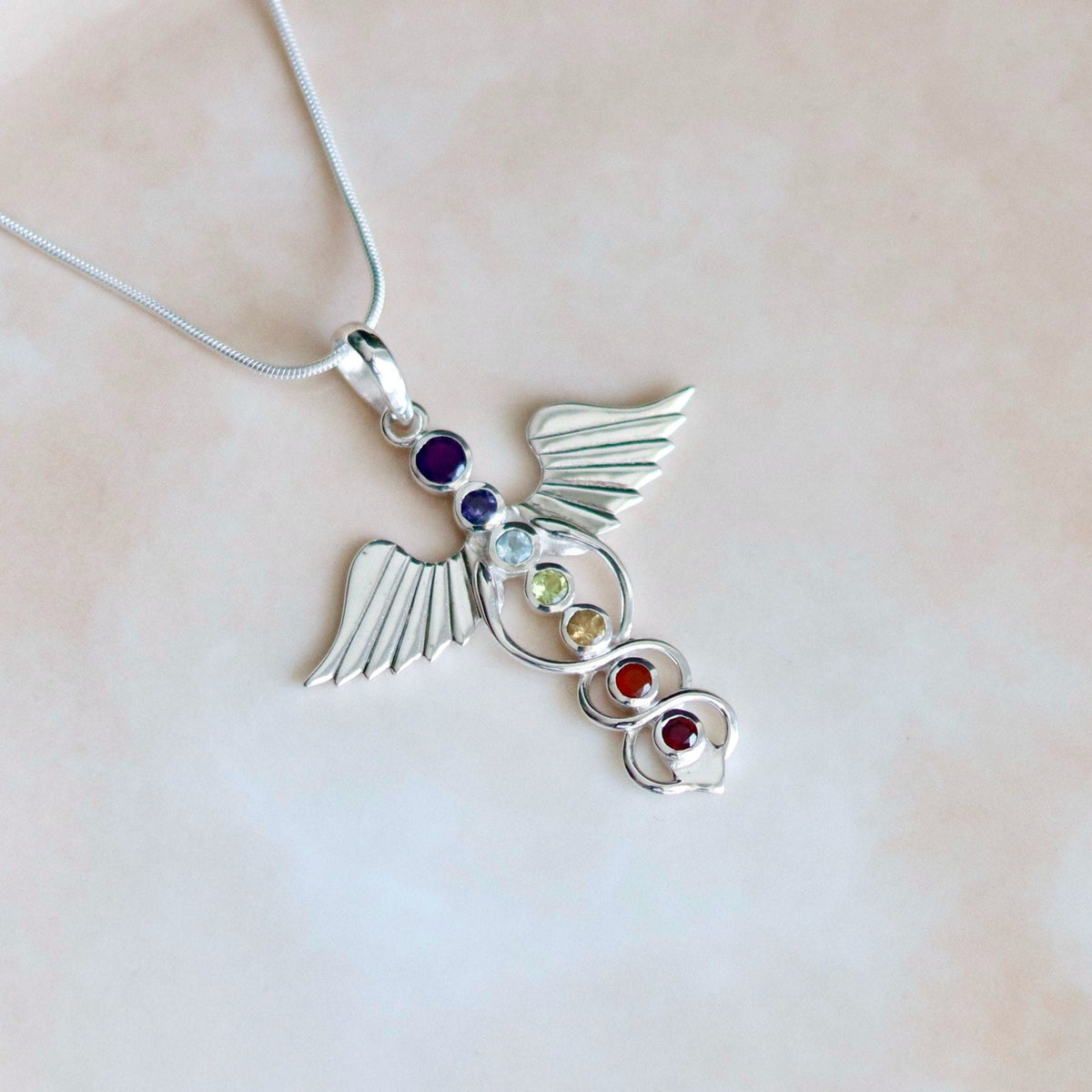 Sterling Silver Caduceus Chakra Pendant, Healing Stone Necklace