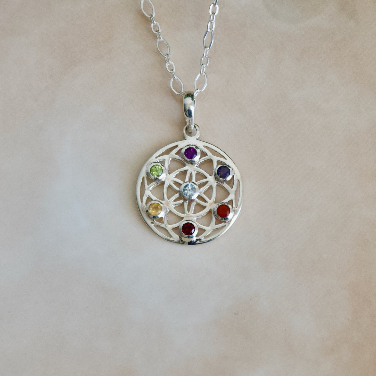 Flower Of Life Sterling Silver Chakra Pendant, 7 Gemstone Necklace
