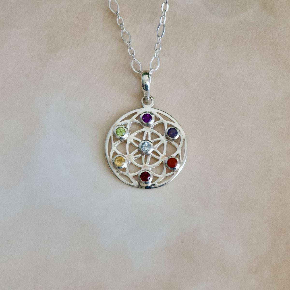 Flower Of Life Sterling Silver Chakra Pendant, 7 Gemstone Necklace