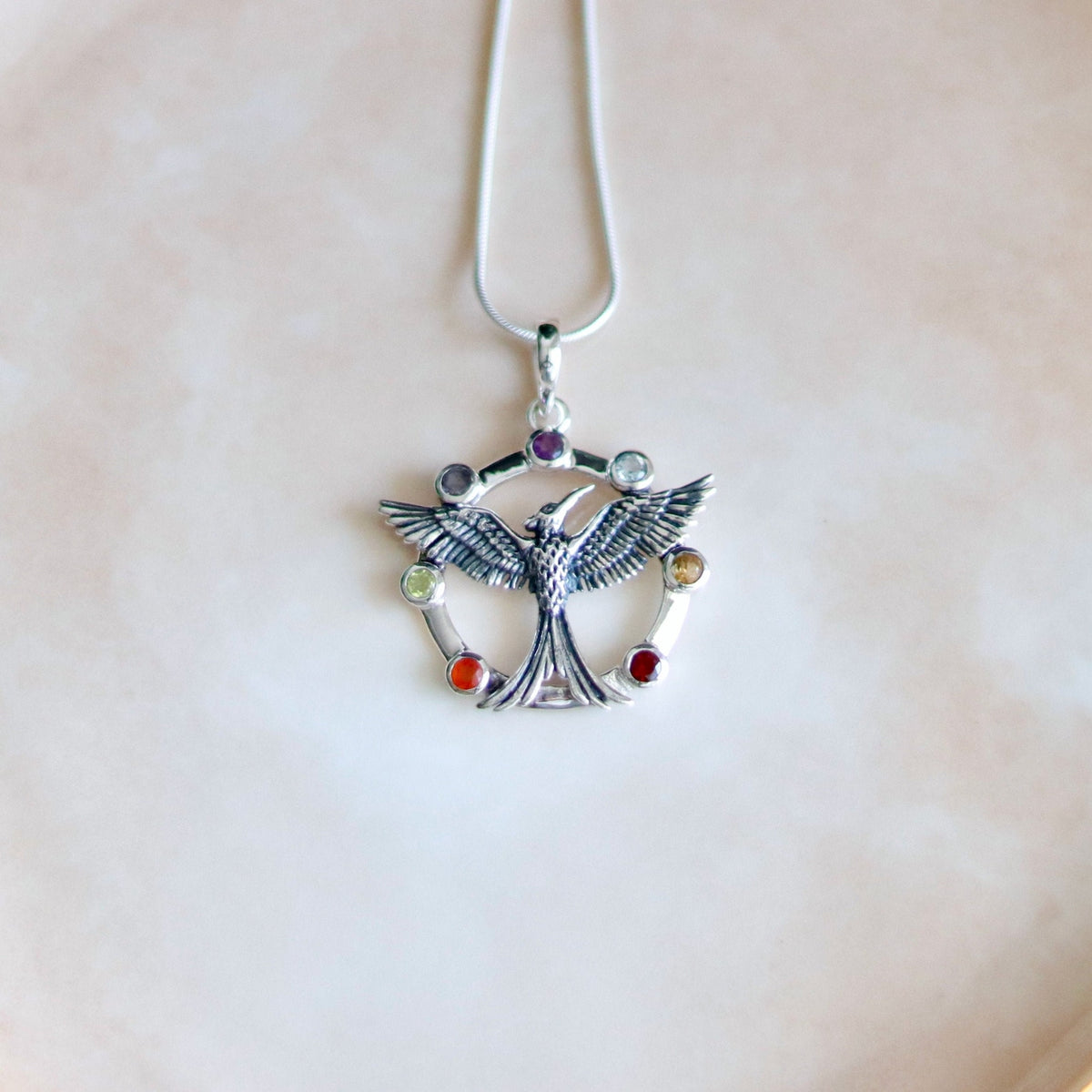 Phoenix Chakra Pendant, Sterling Silver, 7 Gemstone Yoga Necklace