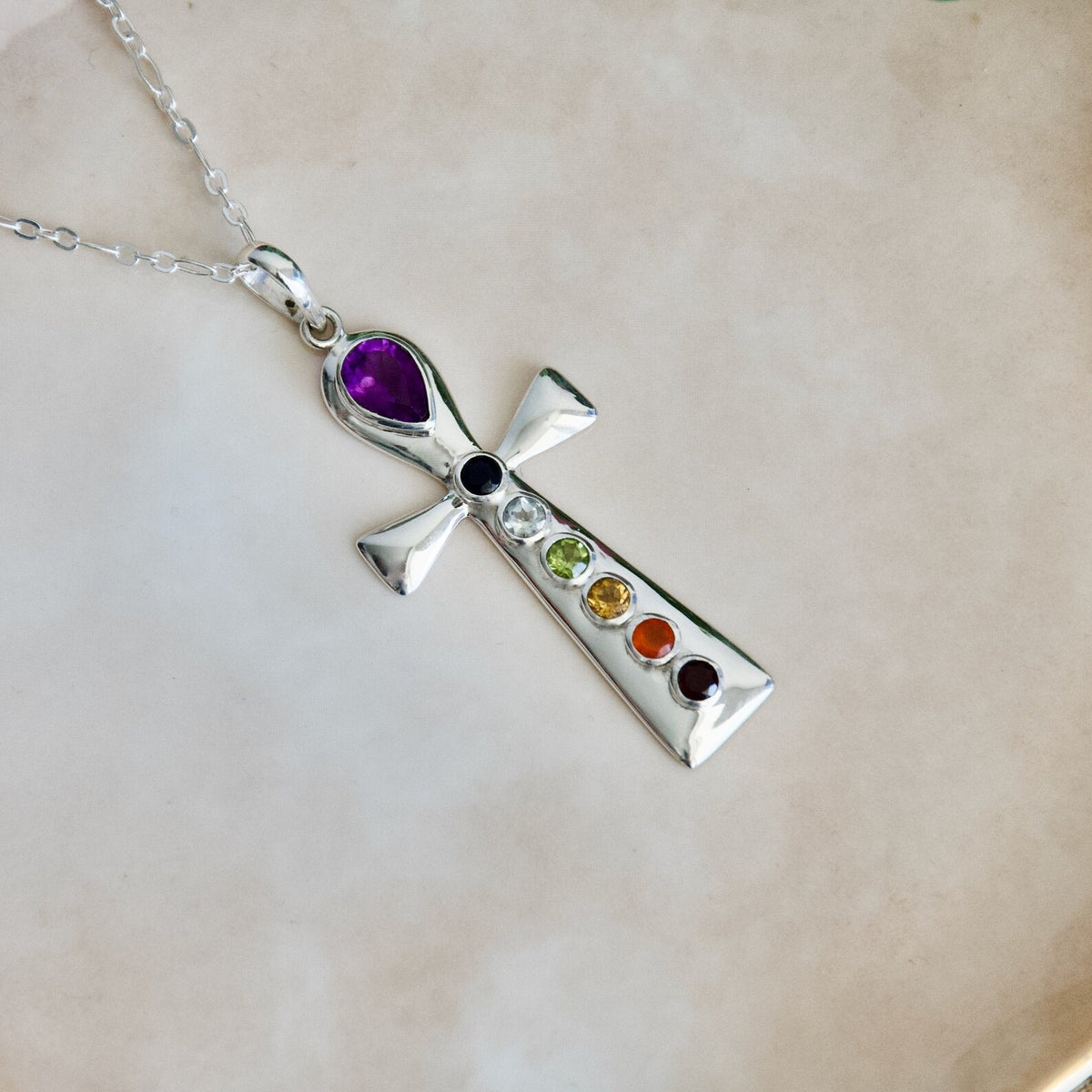 Sterling Silver Cross Chakra Pendant, Natural Gemstone Necklace