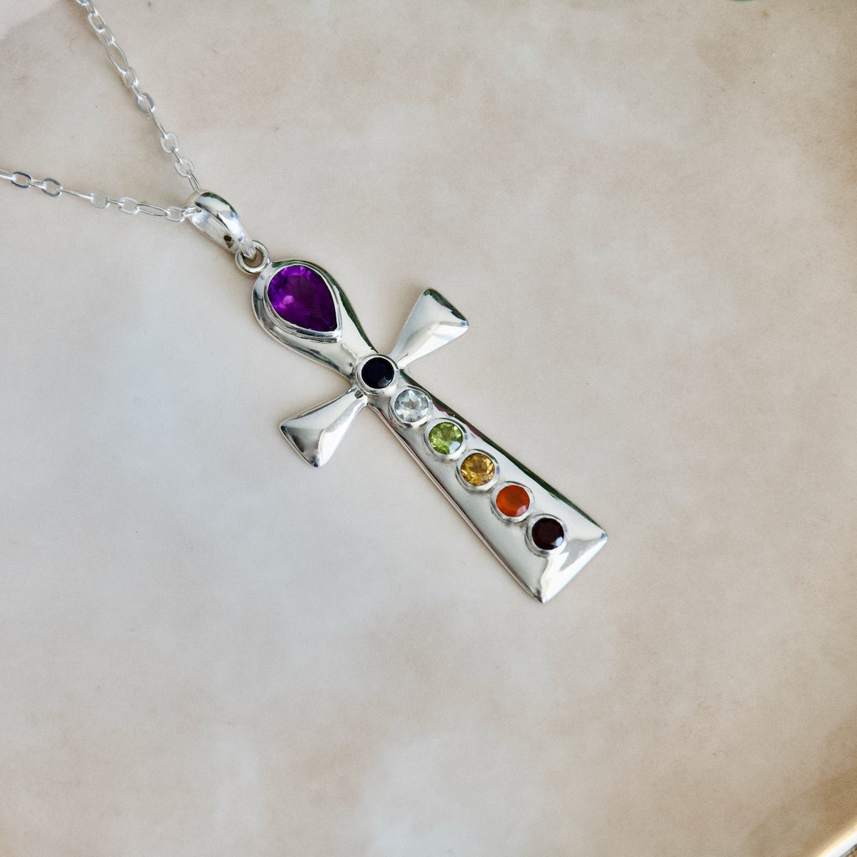 Sterling Silver Cross Chakra Pendant, Natural Gemstone Necklace