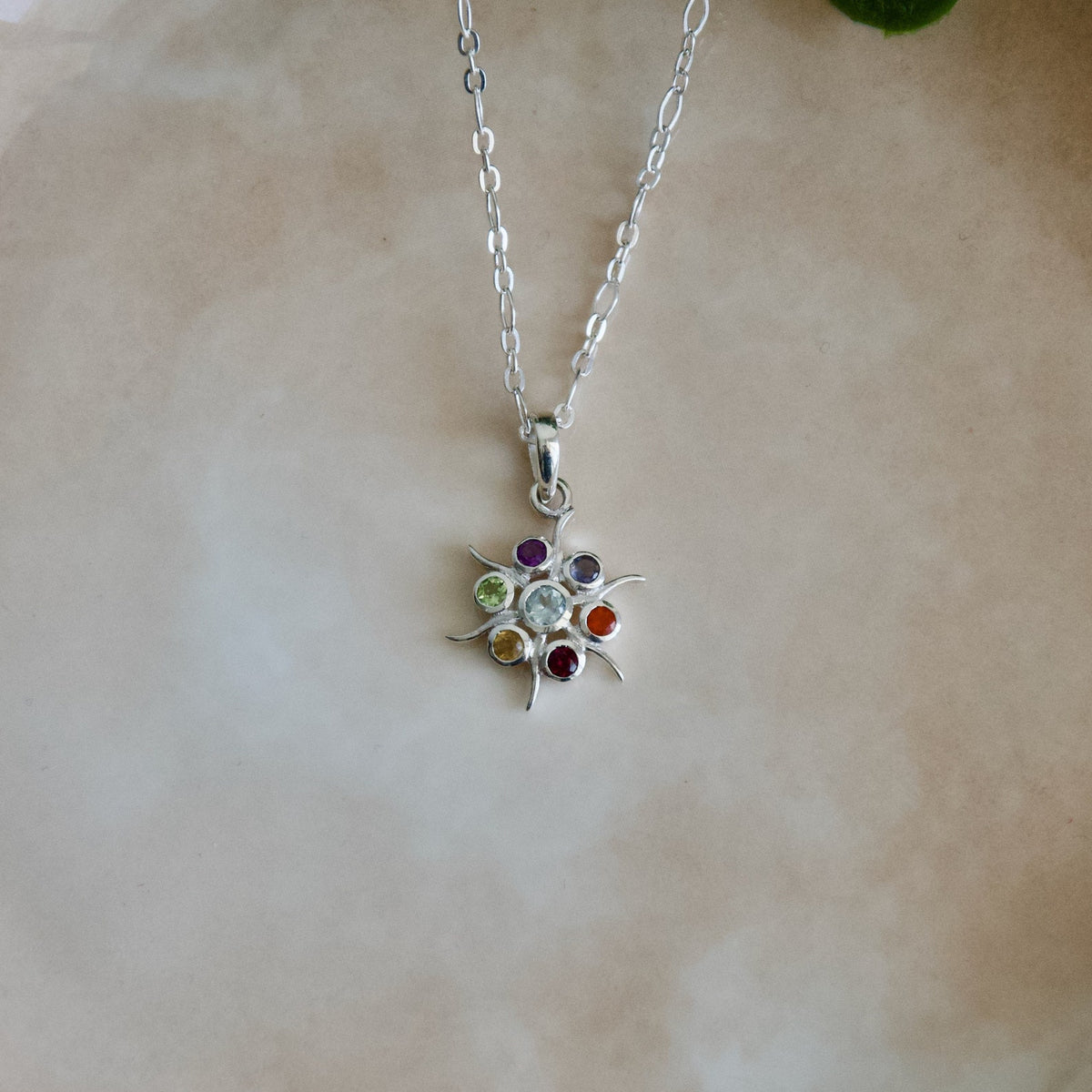 Flower Of Life Chakra Pendant, 7 Gemstone Sterling Silver Necklace