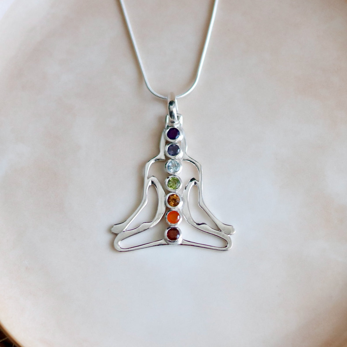 Padmasana Chakra Pendant, Natural Gemstone Sterling Silver Necklace