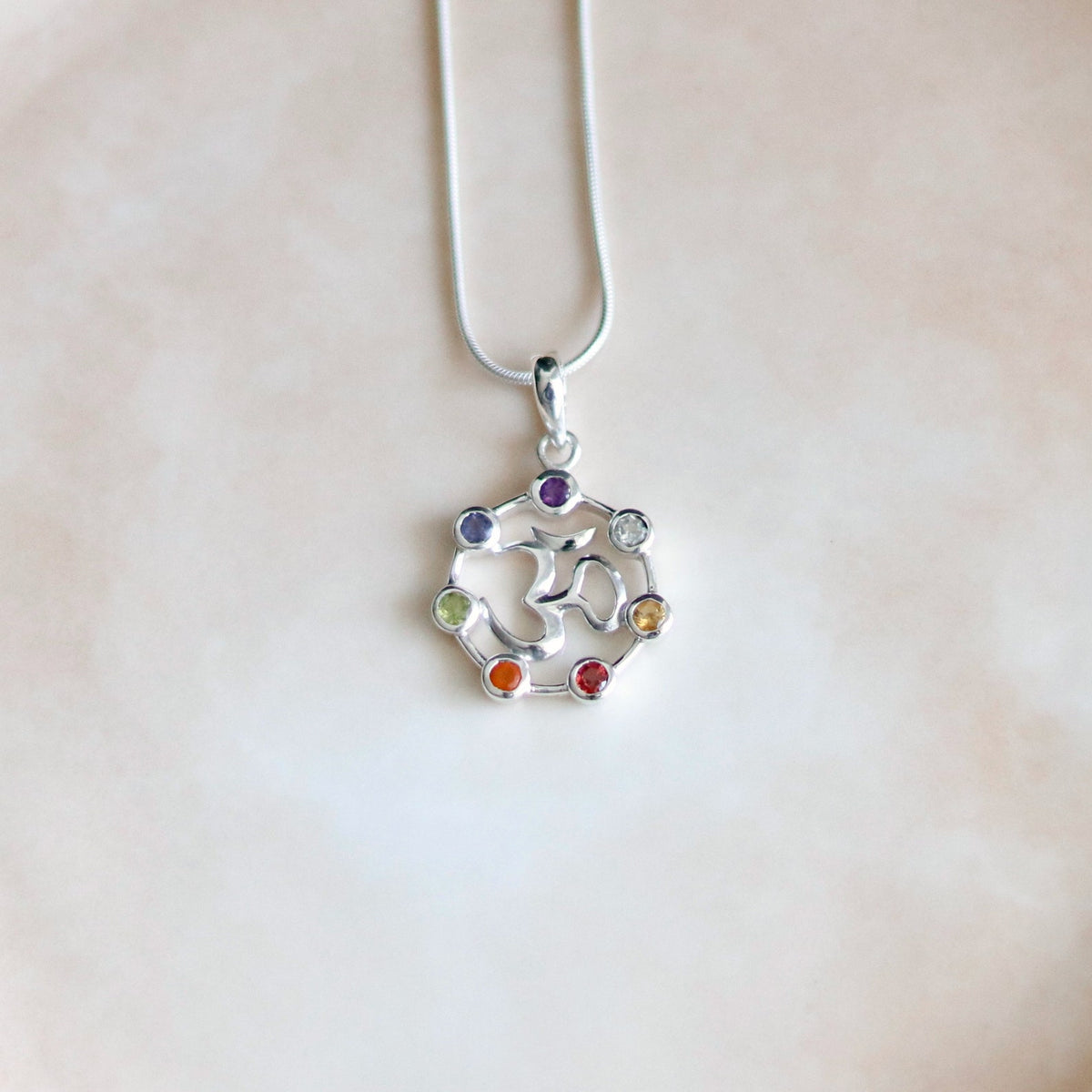Sterling Silver Om Chakra Pendant, Natural Gemstone Yoga Necklace