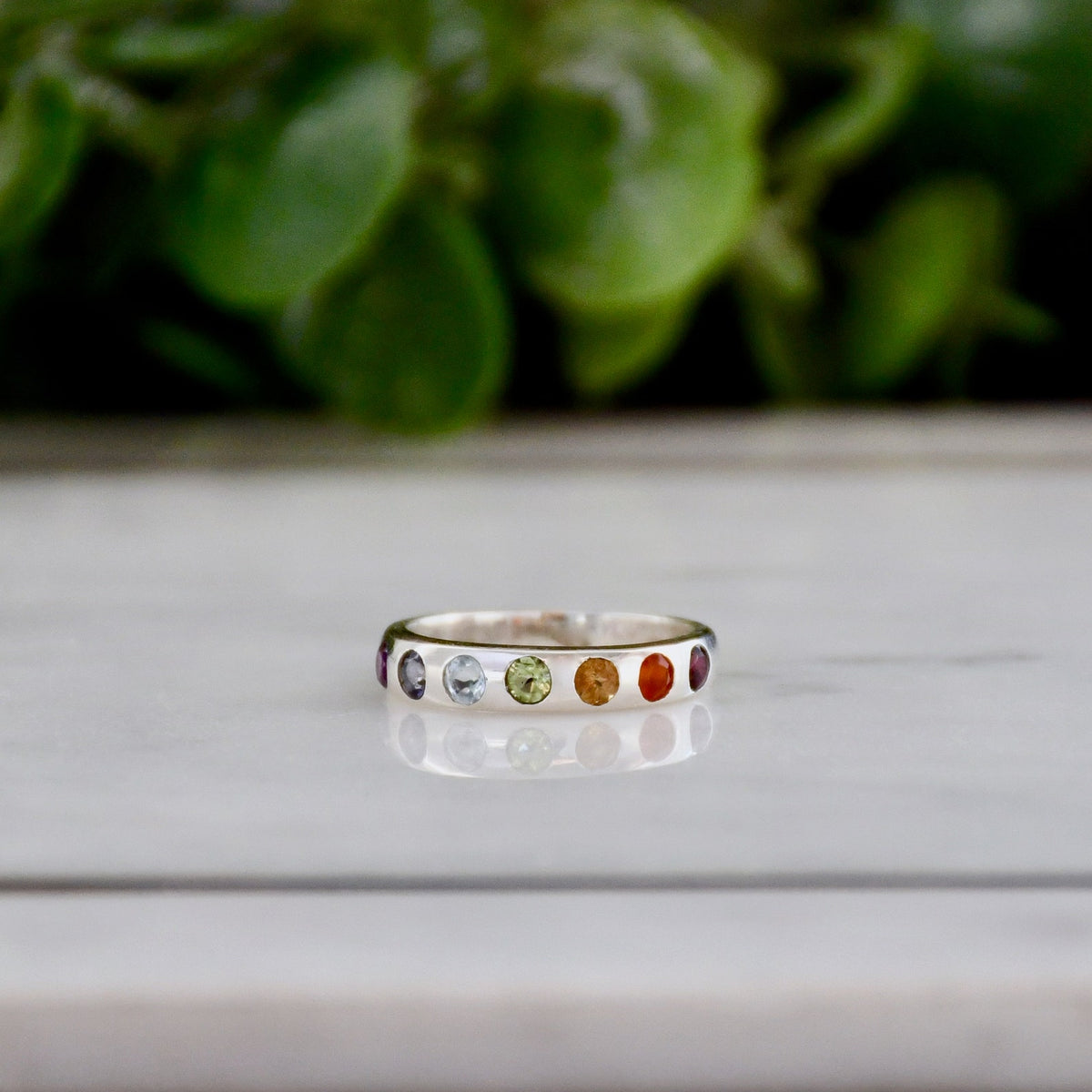 Sterling Silver Chakra Ring, Natural Gemstone Stacking Band, Yoga Jewelry