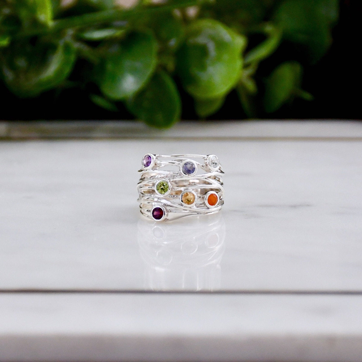 Statement Chakra Ring, Sterling Silver, 7 Gemstones Yoga Jewelry