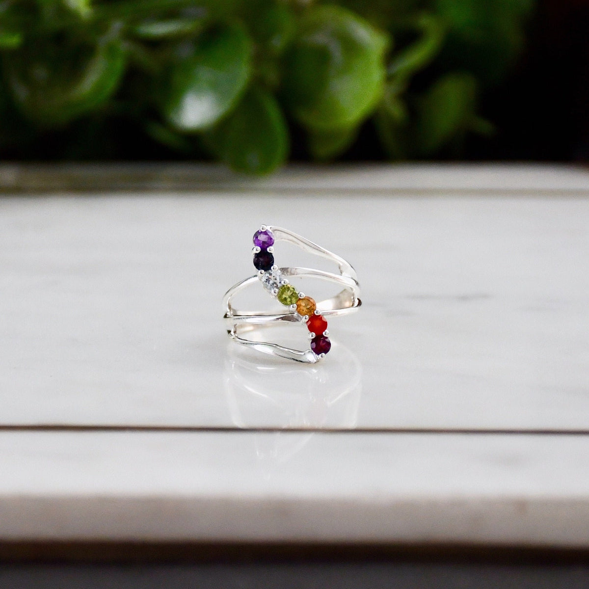Sterling Silver Chakra Ring, Natural Gemstone Healing Jewelry
