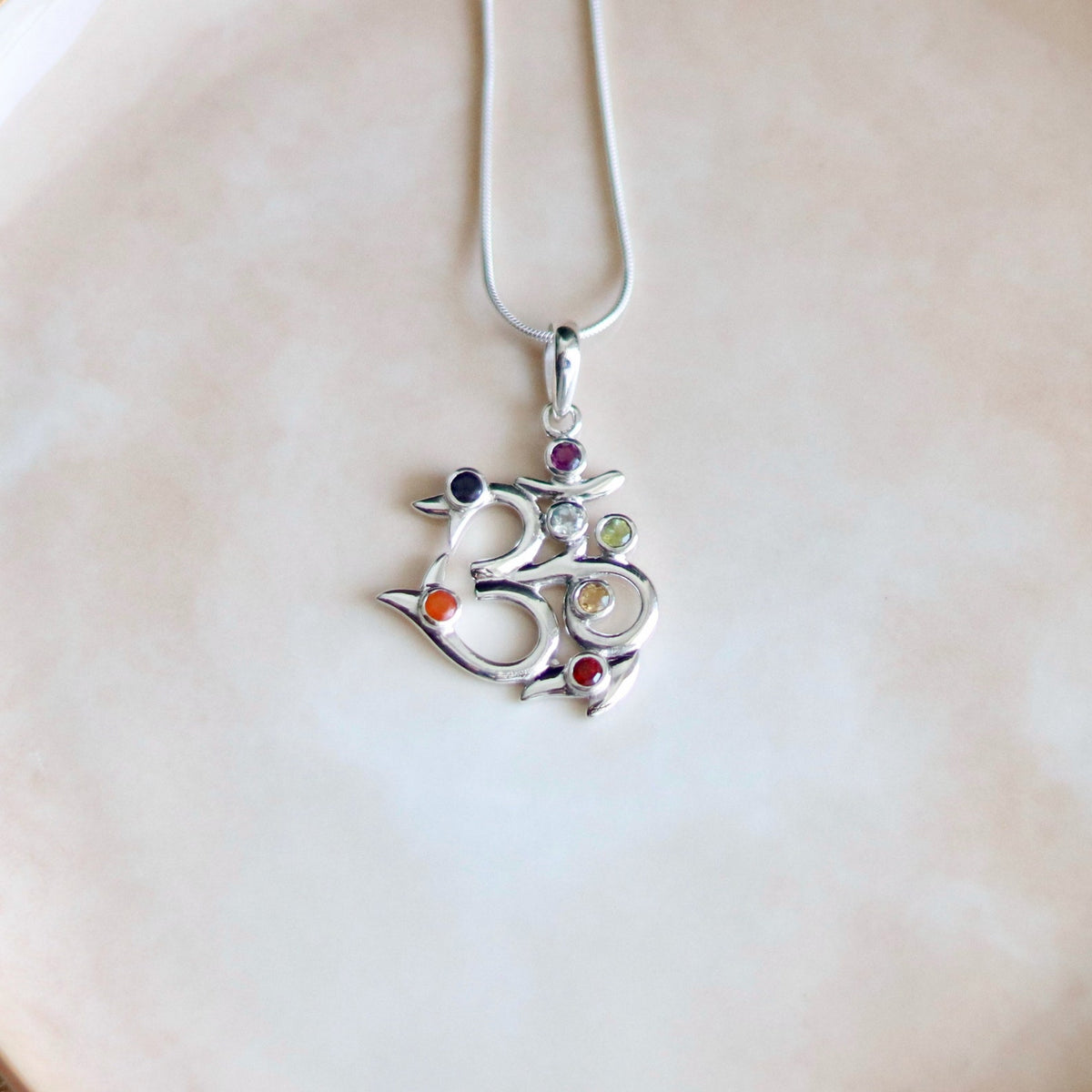 Sterling Silver Om Chakra Pendant, Seven Gemstone Necklace