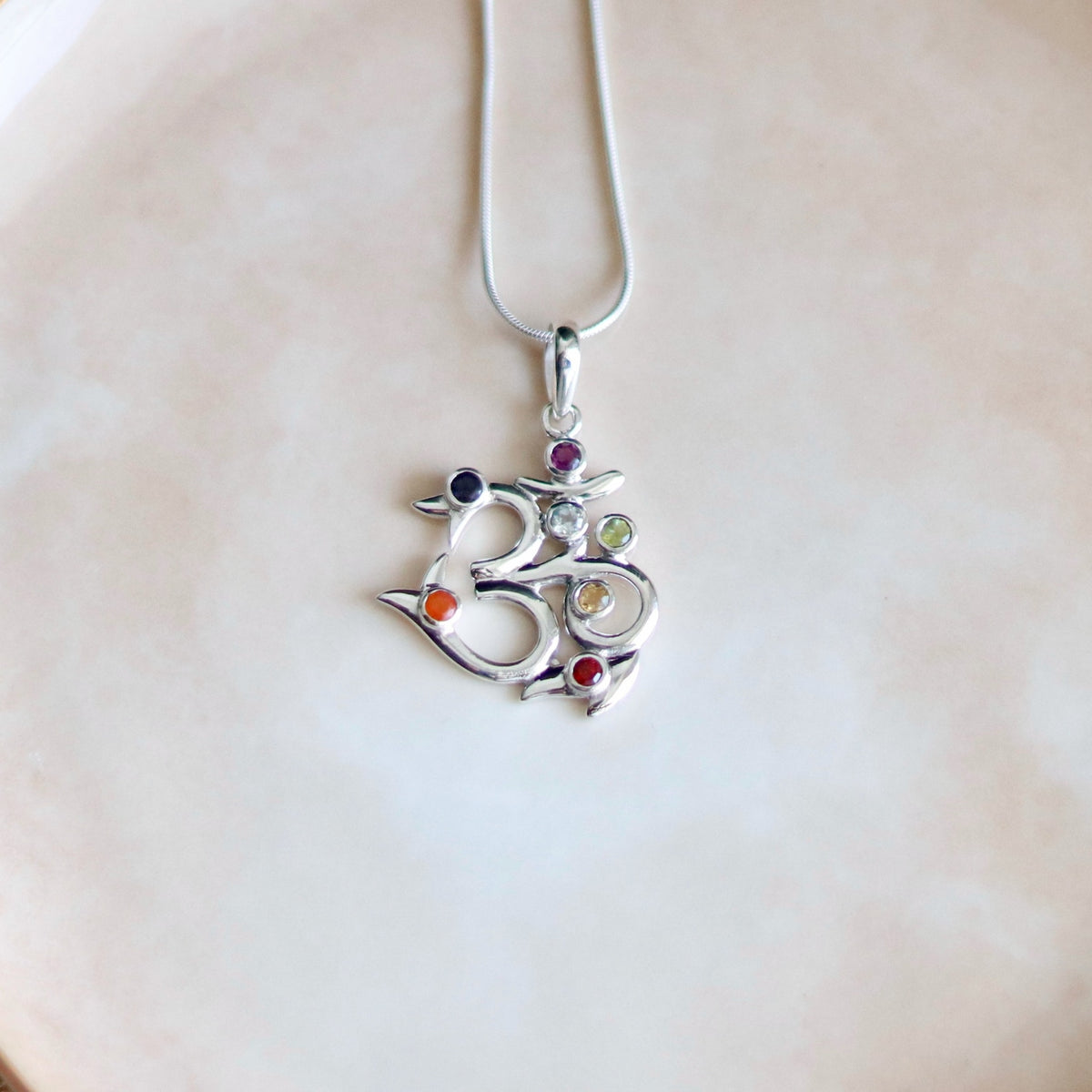 Sterling Silver Om Chakra Pendant, Seven Gemstone Necklace