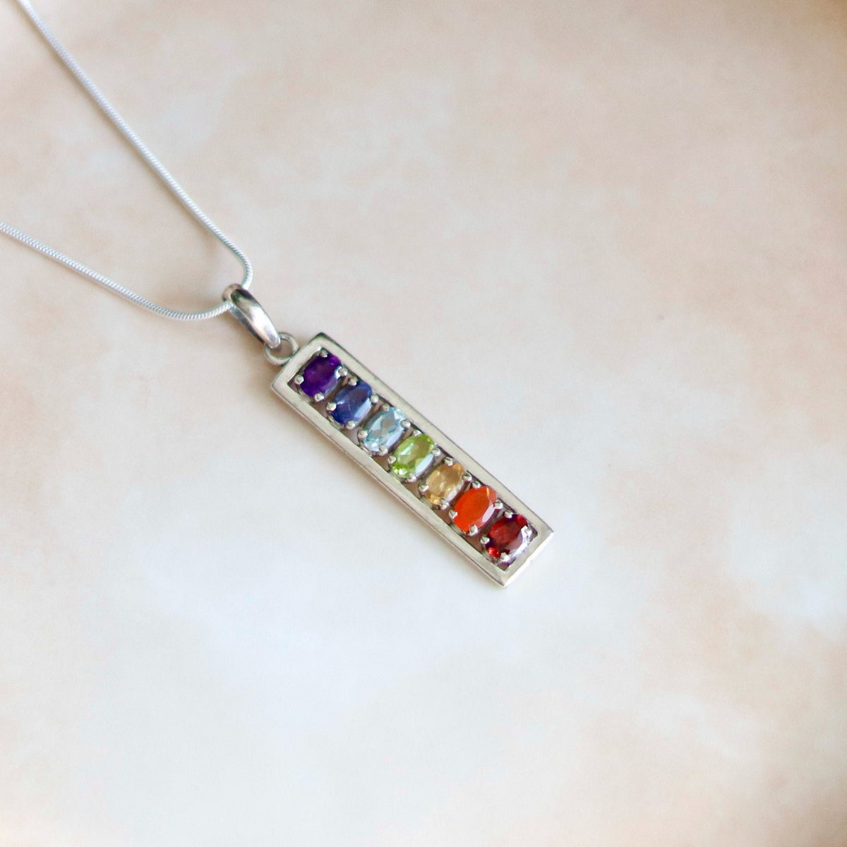 Sterling Silver Chakra Gemstone Pendant Necklace, Rainbow Jewelry