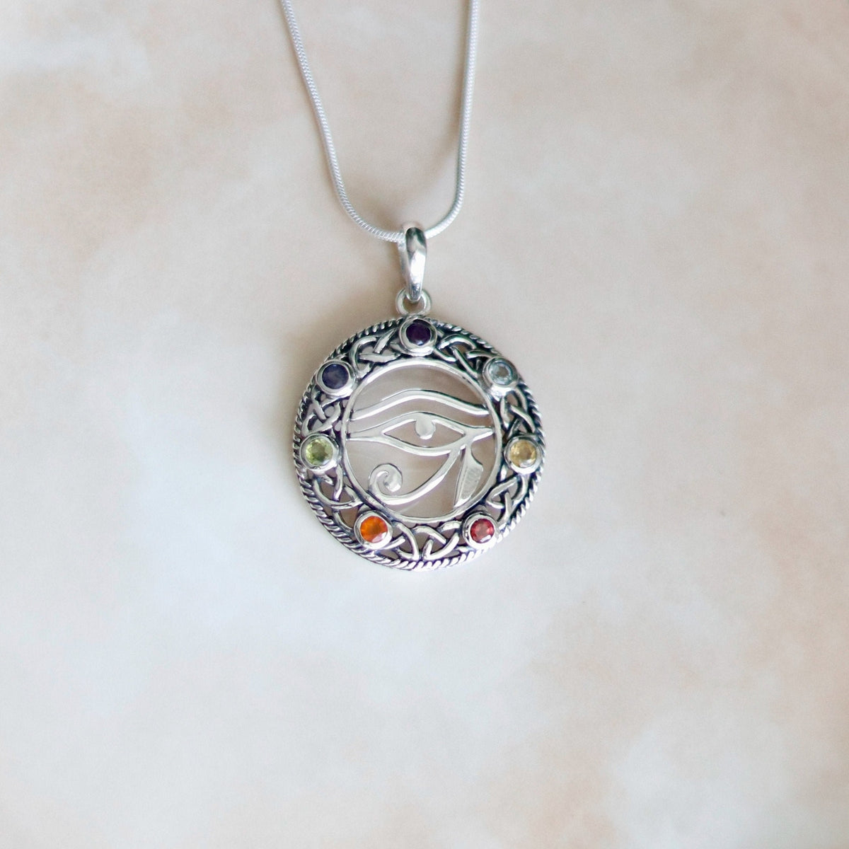 Sterling Silver Eye Of Horus Pendant, 7 Chakra Gemstone Necklace