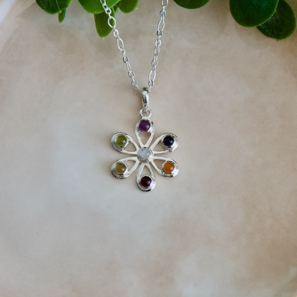 Flower Of Life Chakra Pendant, 7 Gemstone Sterling Silver Necklace