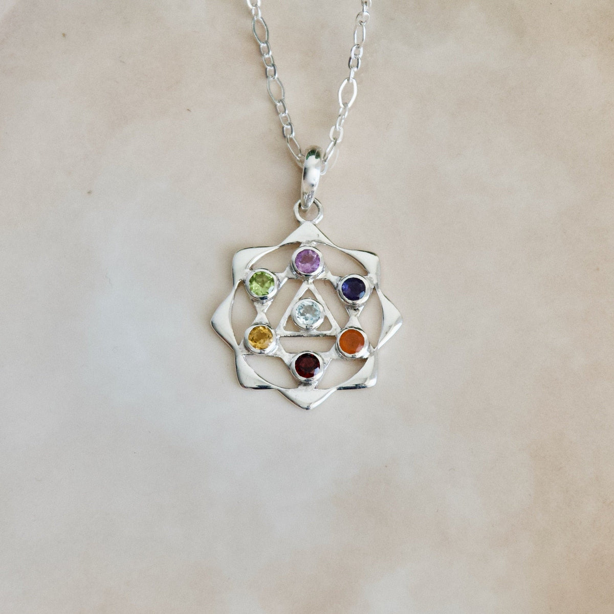 Flower of Life Chakra Pendant, Natural Gemstones, Sterling Silver