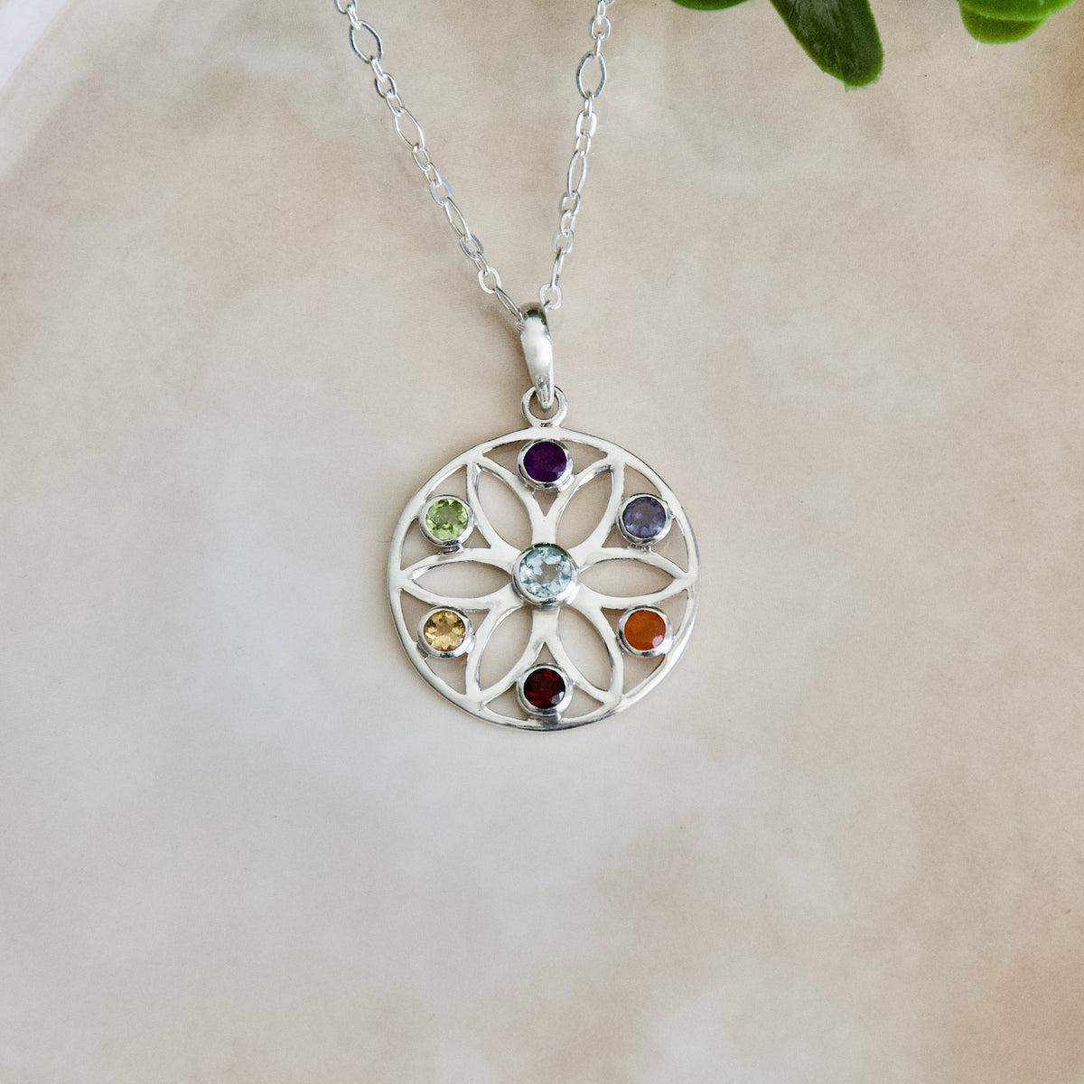 Flower Of Life Chakra Pendant, Natural Gemstone Sterling Silver Necklace