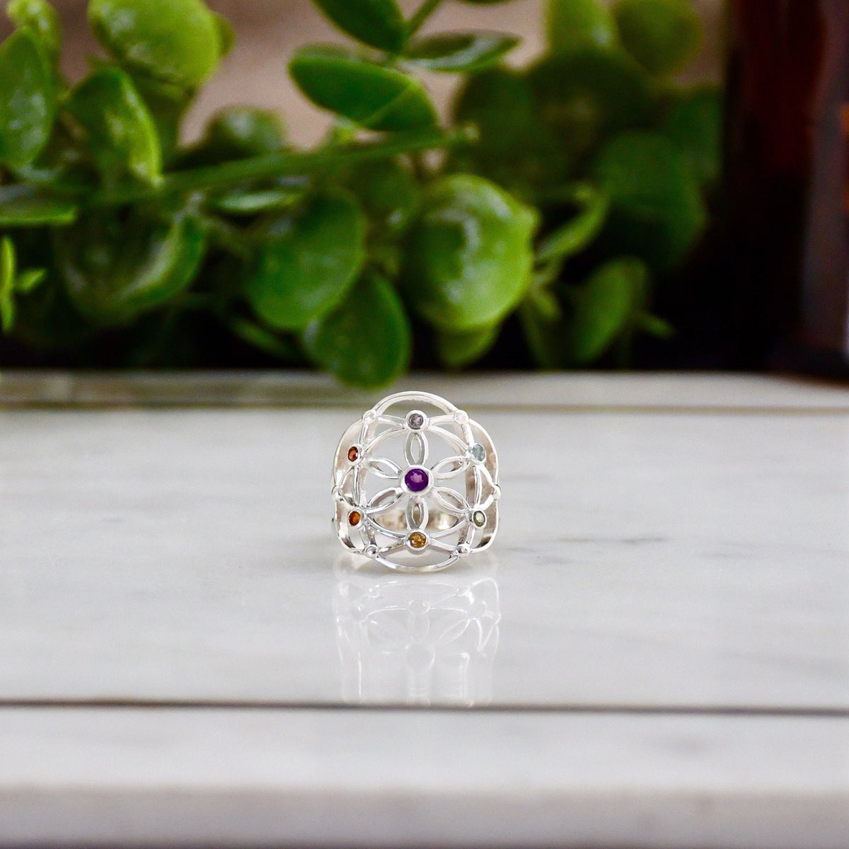 Flower of Life Chakra Ring, Natural Gemstones, Sterling Silver Yoga Jewelry