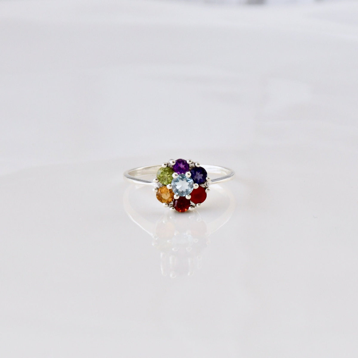 Sterling Silver Flower Chakra Ring, Seven Gemstones, Yoga Jewelry