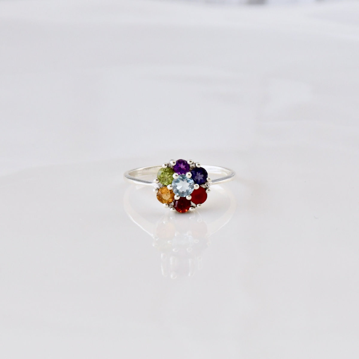 Sterling Silver Flower Chakra Ring, Seven Gemstones, Yoga Jewelry