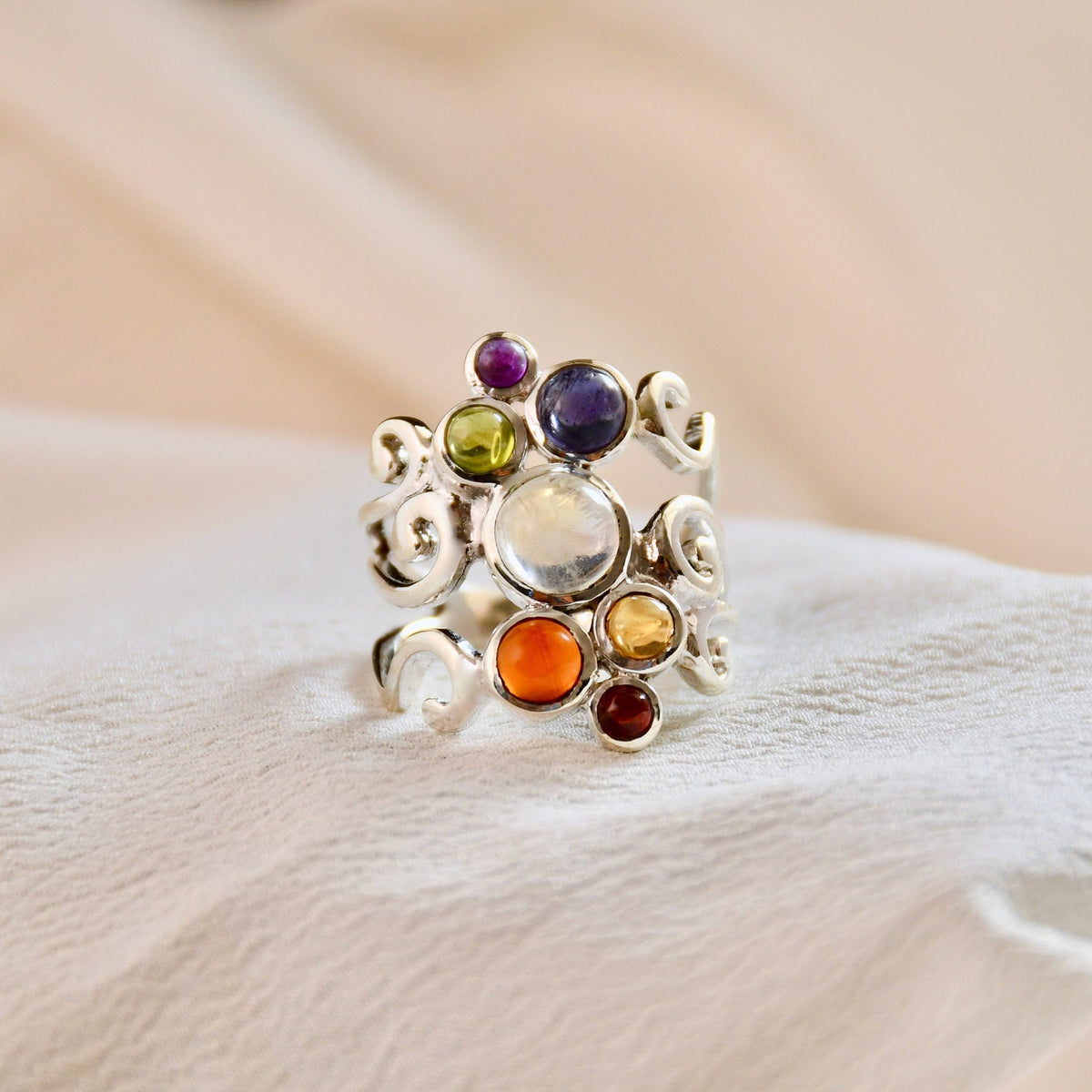 Sterling Silver Chakra Gemstone Ring, Spiritual Yoga Jewelry