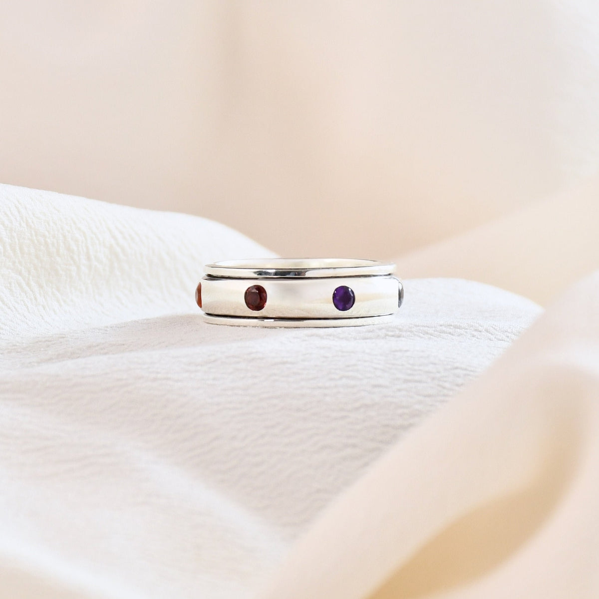 Sterling Silver Chakra Spinner Ring, 7 Gemstones, Yoga Jewelry
