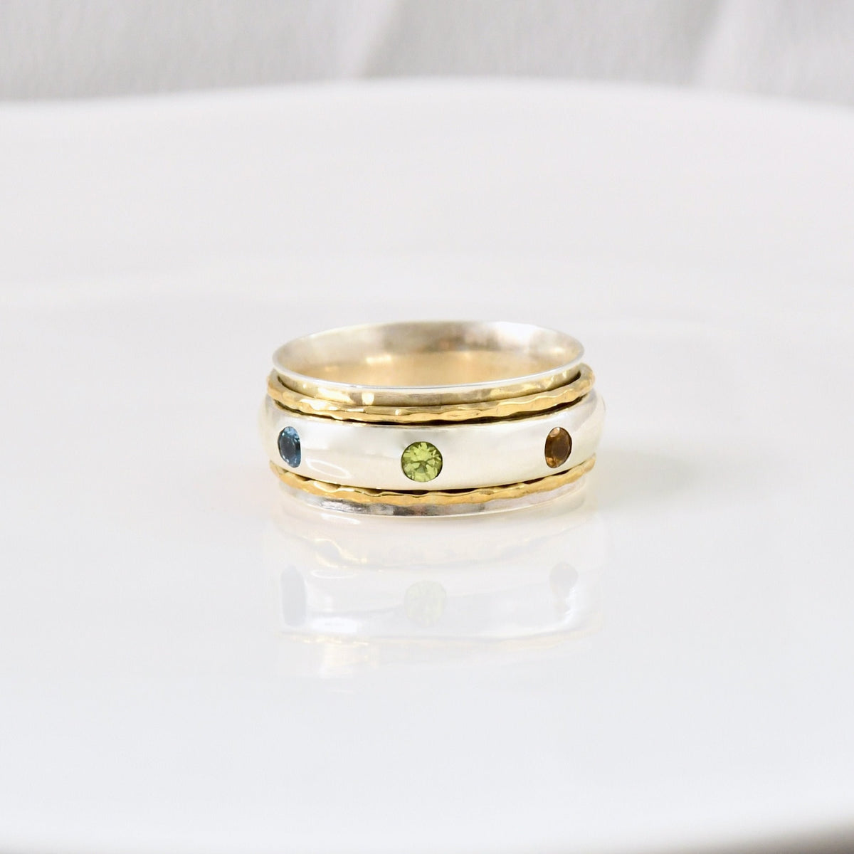 Sterling Silver Chakra Spinner Ring, 7 Gemstone Healing Jewelry
