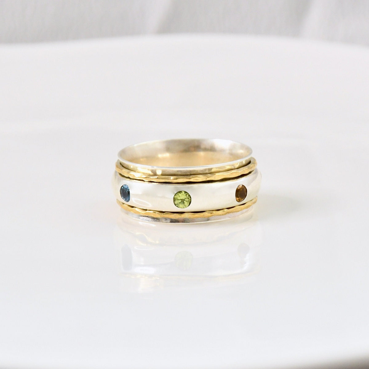 Sterling Silver Chakra Spinner Ring, 7 Gemstone Healing Jewelry