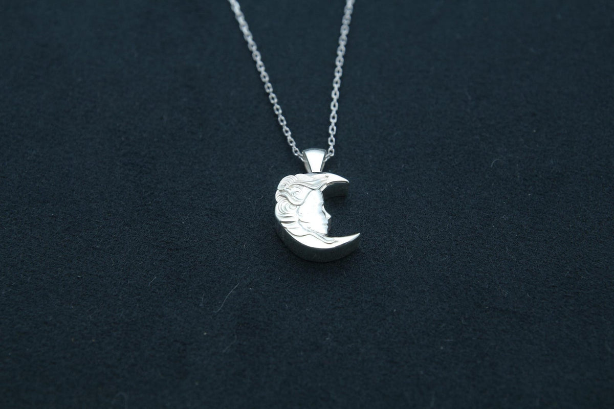 Moon Woman Silhouette Urn Necklace – 925 Sterling Silver Memorial Ash Pendant (16.5 mm)