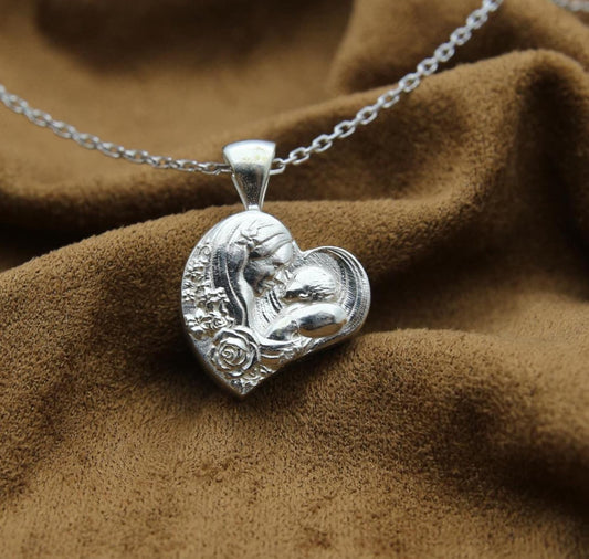 Mother & Child Heart Urn Necklace – 925 Sterling Silver Memorial Ash Pendant (16 mm)
