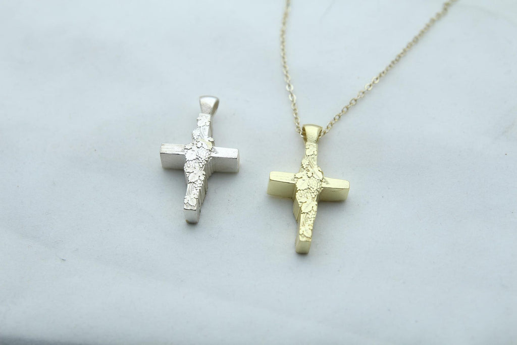 Vine Cross Memorial Urn Necklace – 925 Sterling Silver Grape Motif Ash Pendant with Optional Engraving (24 mm)