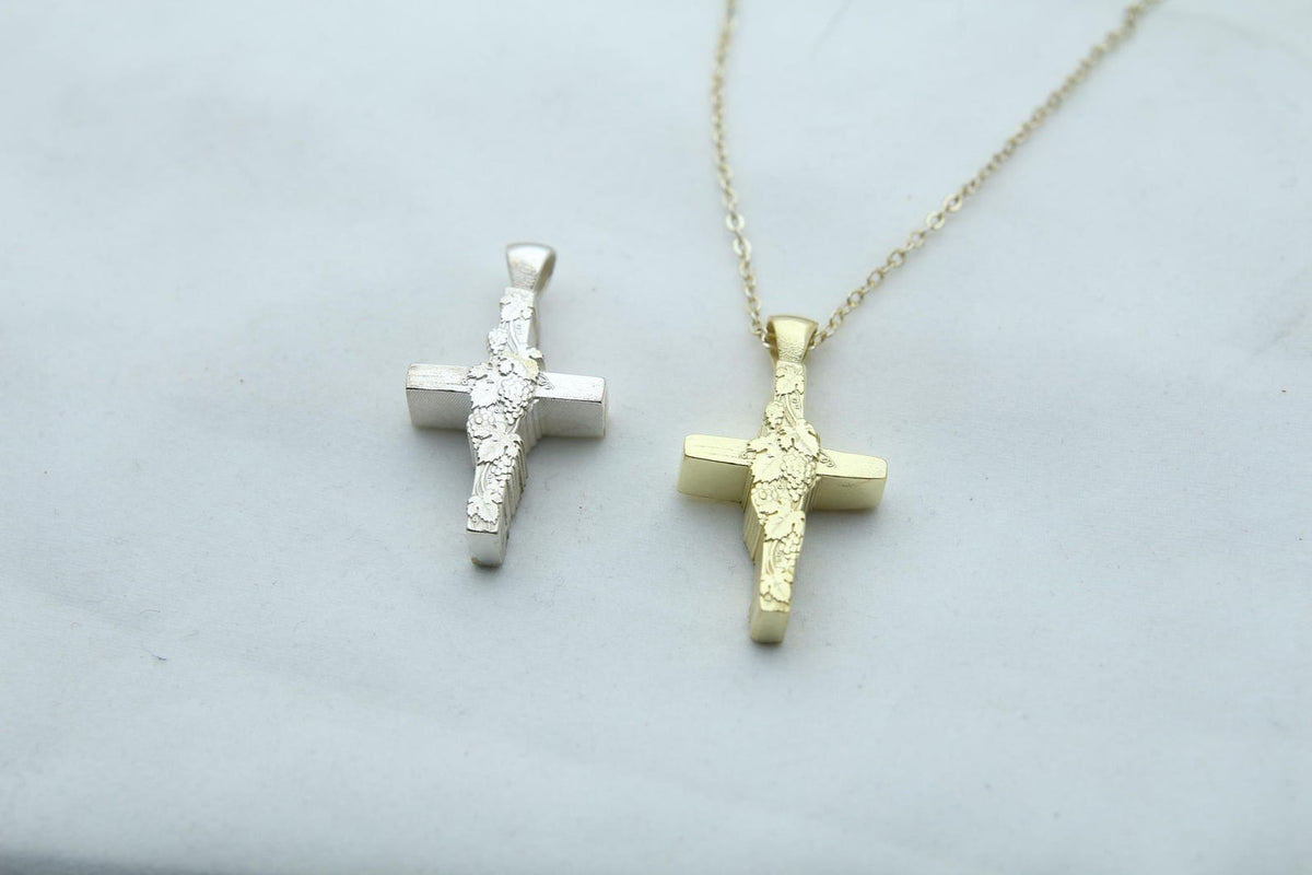 Vine Cross Memorial Urn Necklace – 925 Sterling Silver Grape Motif Ash Pendant with Optional Engraving (24 mm)