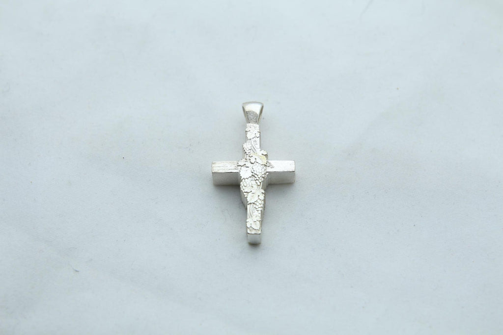 Vine Cross Memorial Urn Necklace – 925 Sterling Silver Grape Motif Ash Pendant with Optional Engraving (24 mm)