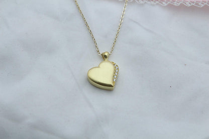 Sparkling Heart Urn Necklace with Zircon Stone – Personalized Engraving Option – 925 Sterling Silver Memorial Pendant (15 mm)