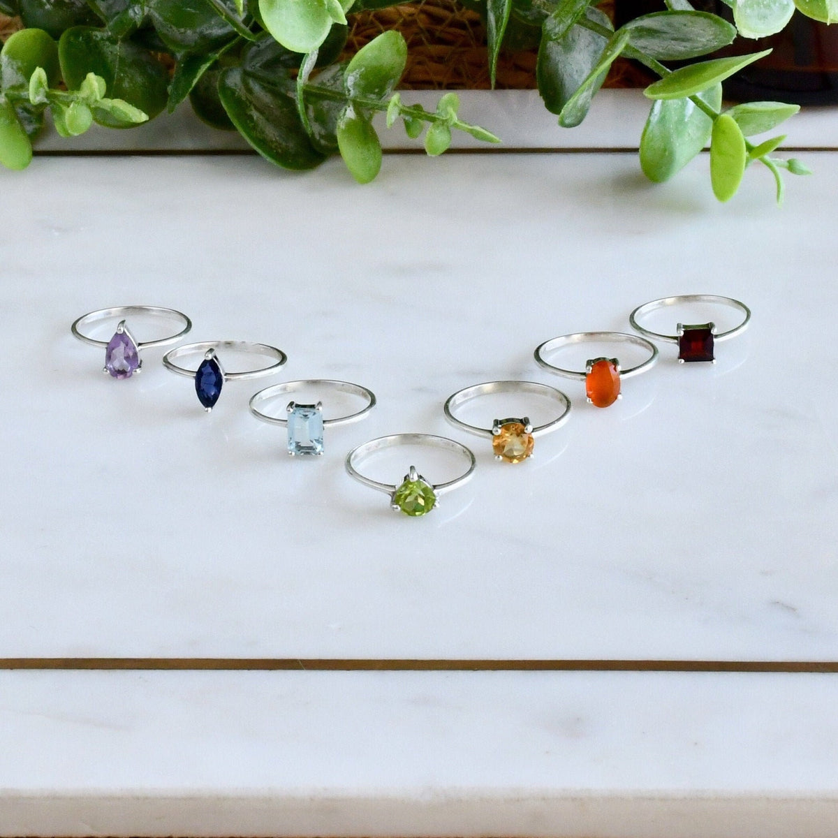 Sterling Silver Chakra Ring Set, Natural Gemstone Yoga Jewelry
