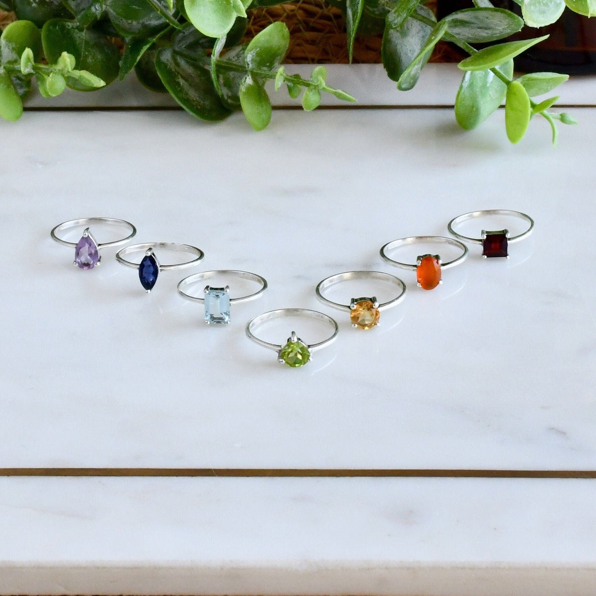 Sterling Silver Chakra Ring Set, Natural Gemstone Yoga Jewelry