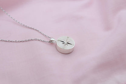 Compass Urn Necklace – 925 Sterling Silver Round Memorial Ash Pendant (15 mm)