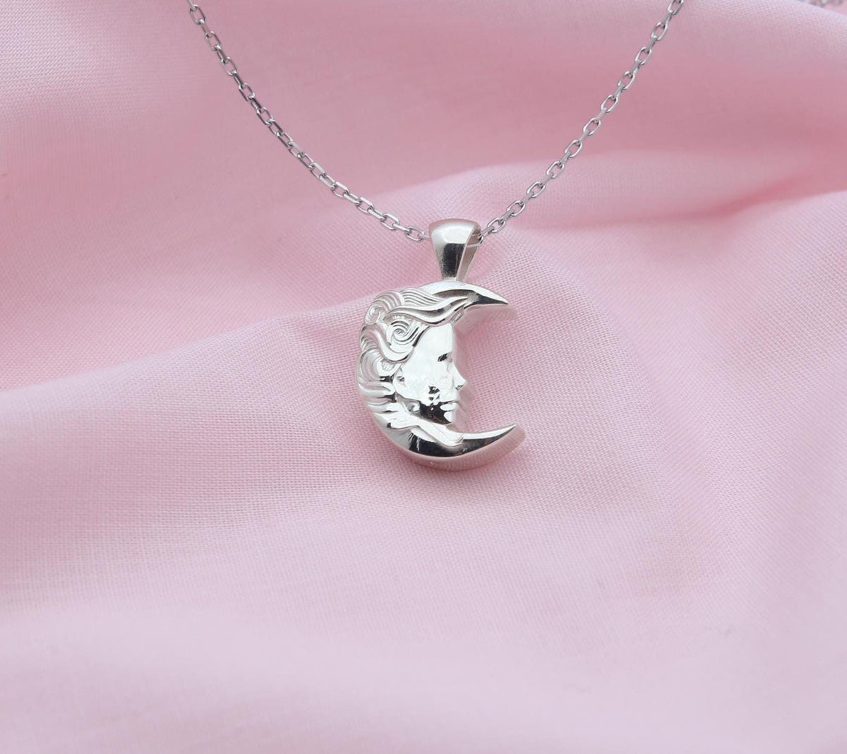 Moon Woman Silhouette Urn Necklace – 925 Sterling Silver Memorial Ash Pendant (16.5 mm)