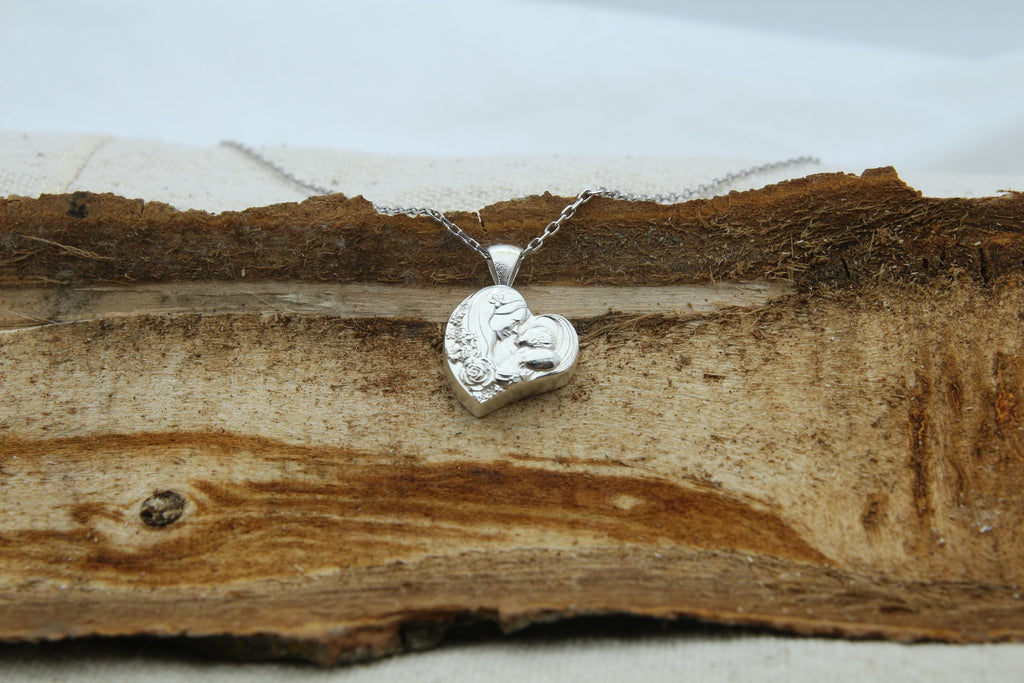 Mother & Child Heart Urn Necklace – 925 Sterling Silver Memorial Ash Pendant (16 mm)