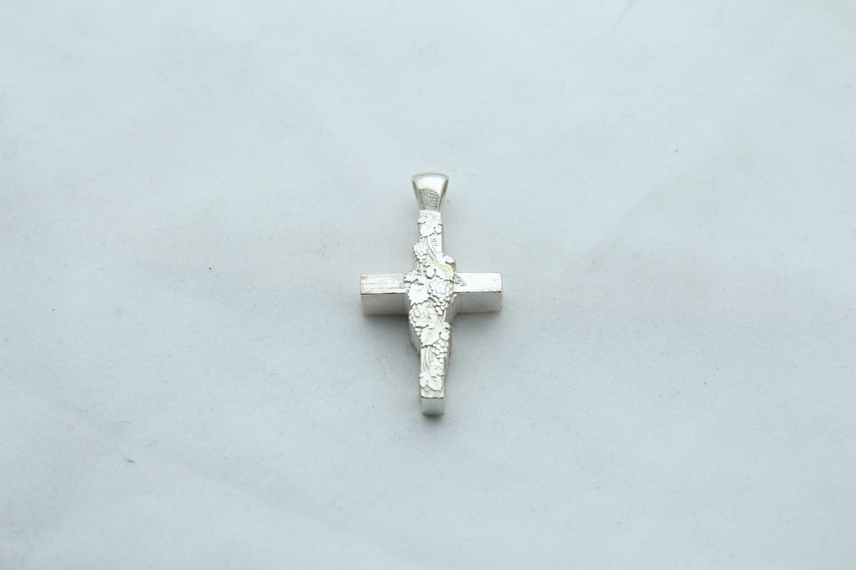 Vine Cross Memorial Urn Necklace – 925 Sterling Silver Grape Motif Ash Pendant with Optional Engraving (24 mm)