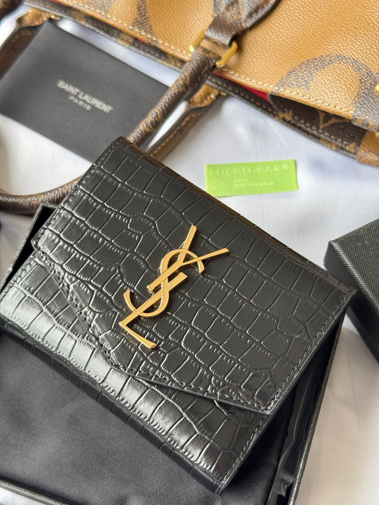 YSL Tri-fold Wallet 12cm Black Gold Alligator leather