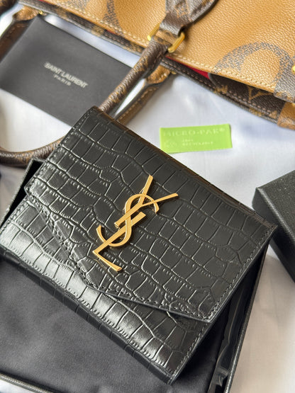YSL Tri-fold Wallet 12cm Black Gold Alligator leather